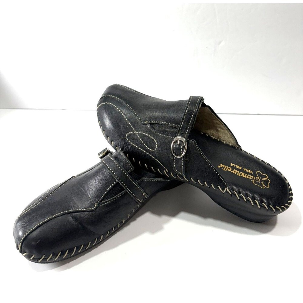 Vera Pelle Women's Black Leather Clogs Wedges Comfort Anti-shock Sandals Sz 6